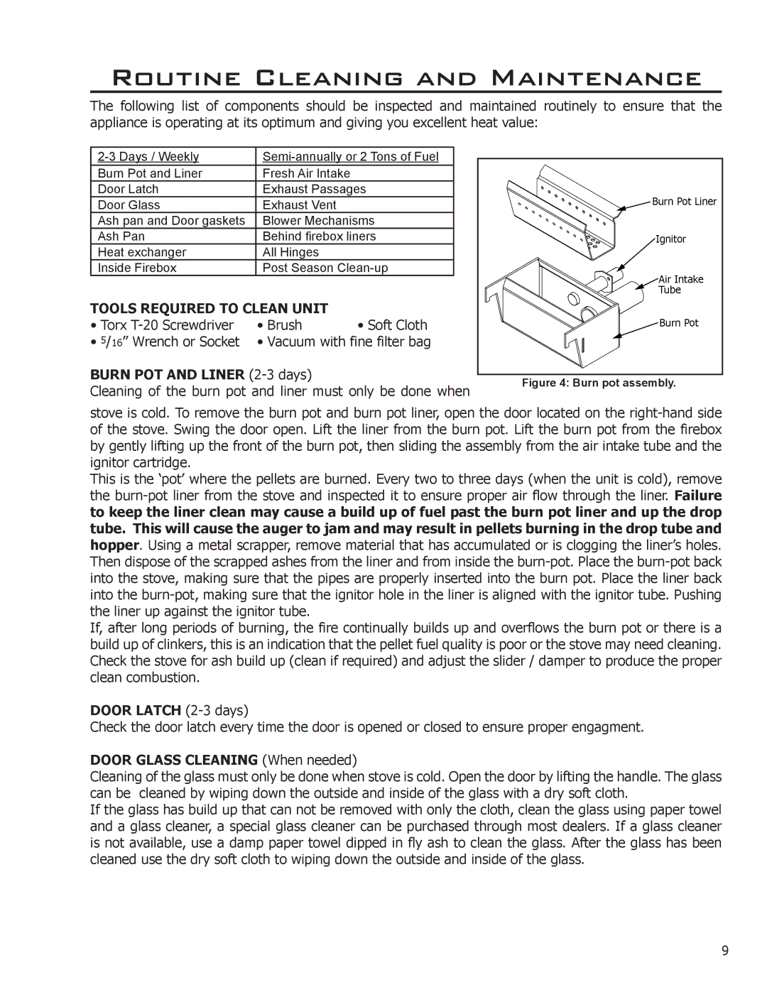 Enviro C-10808, 50-1385 Routine Cleaning and Maintenance, Tools Required to Clean Unit, Burn POT and Liner 2-3 days 