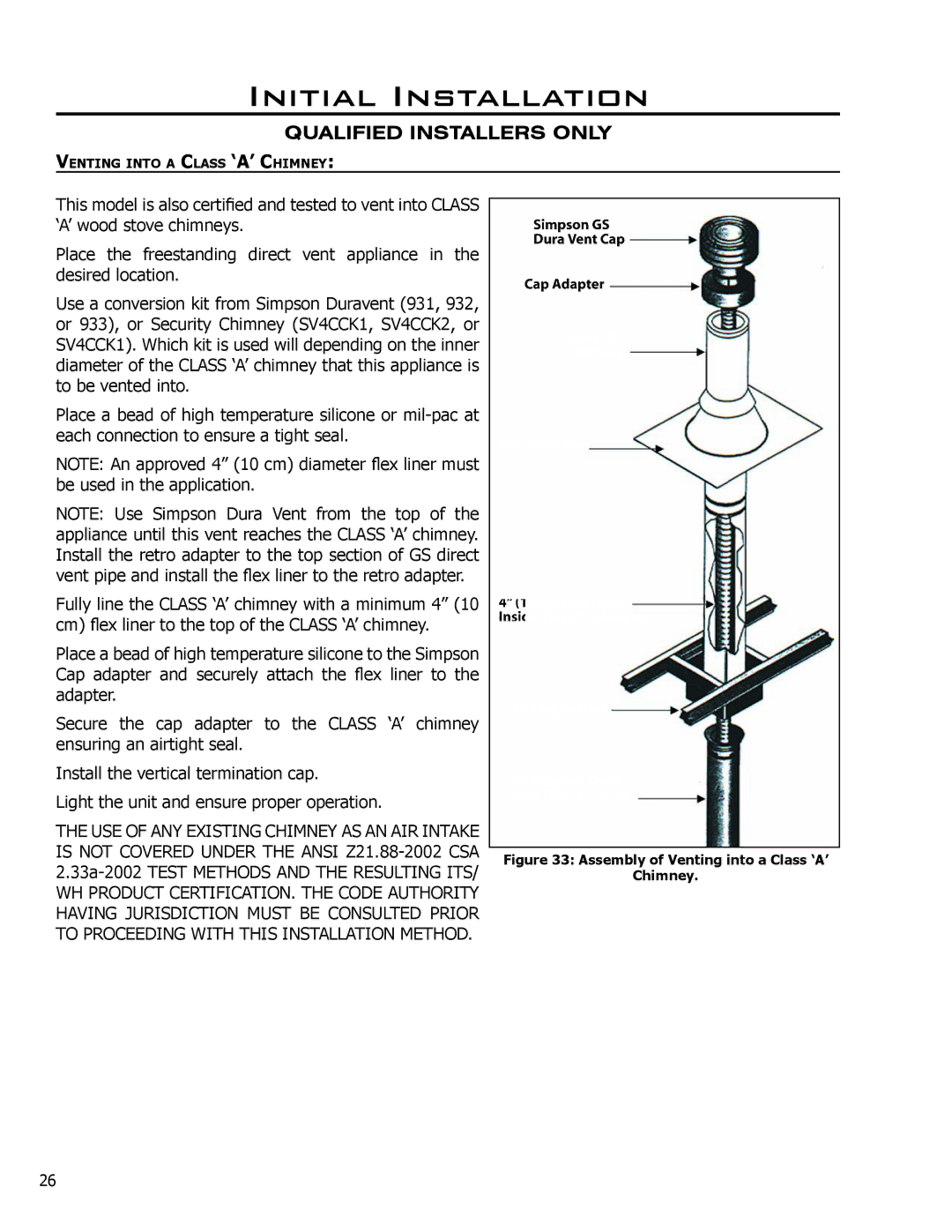 Enviro C-10914 owner manual Assembly of Venting into a Class ‘A’ Chimney 