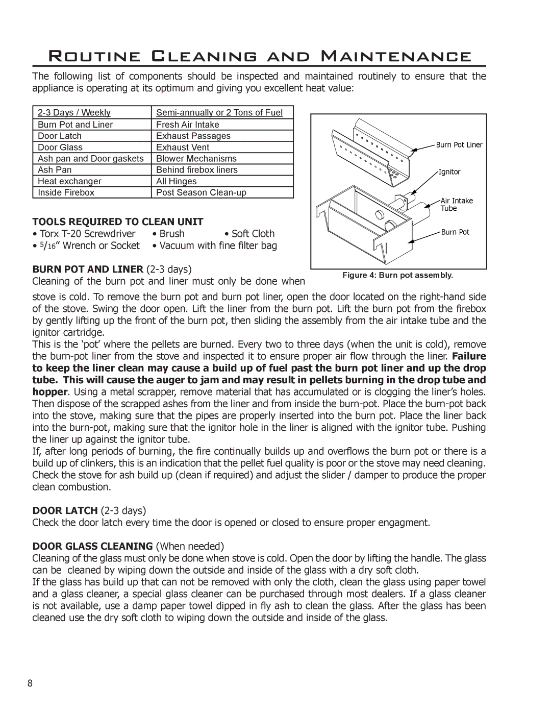 Enviro C-10969 owner manual Routine Cleaning and Maintenance, Tools Required to Clean Unit, Burn POT and Liner 2-3 days 