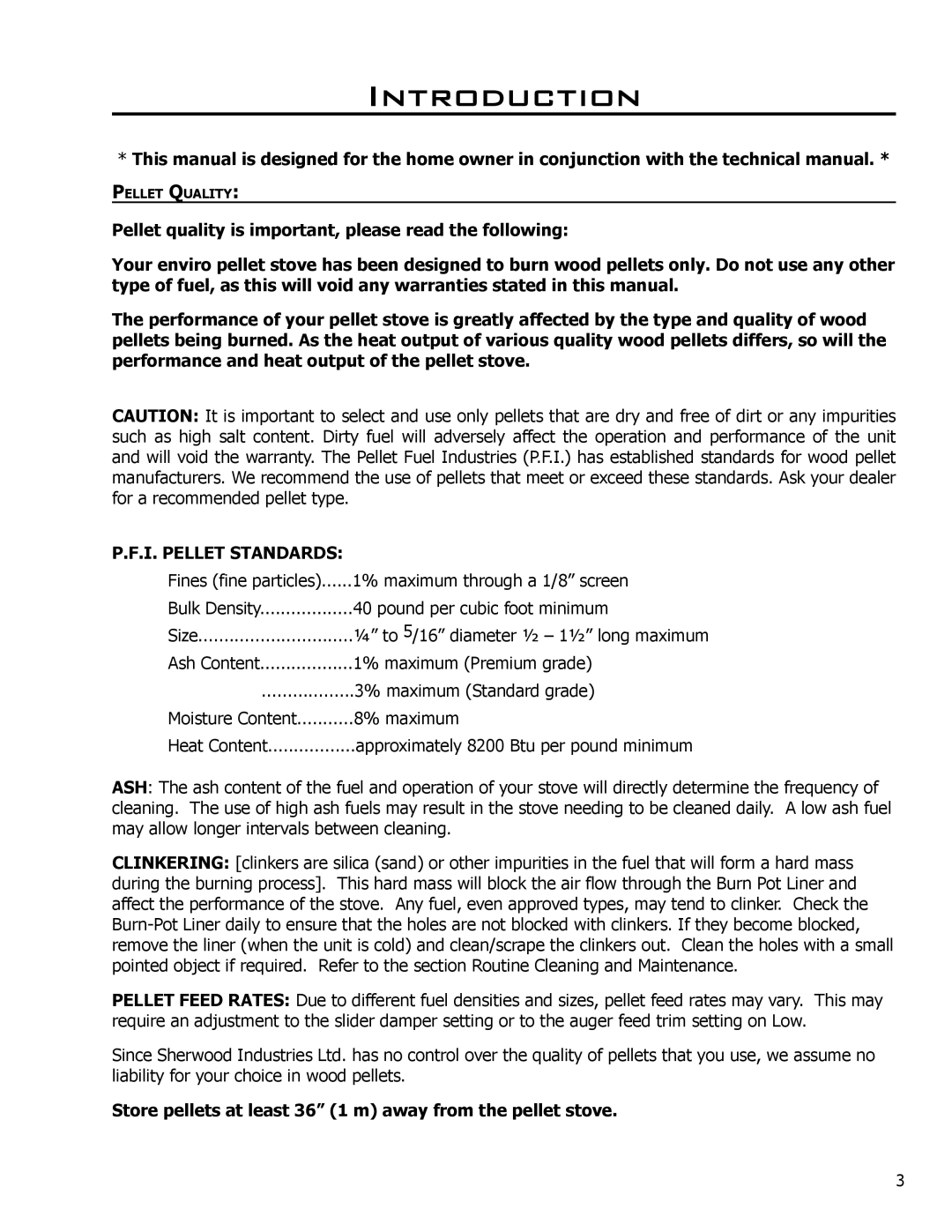 Enviro C-10984 owner manual Introduction, I. Pellet Standards, Store pellets at least 36 1 m away from the pellet stove 