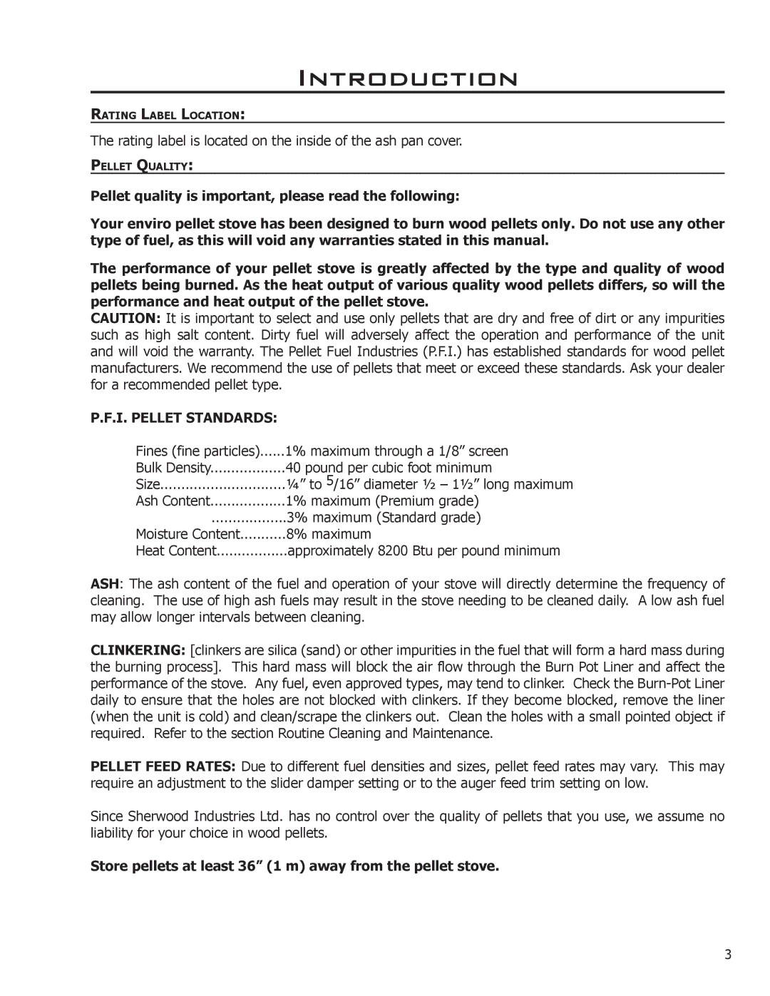 Enviro C-11023 owner manual Introduction, I. Pellet Standards, Store pellets at least 36 1 m away from the pellet stove 