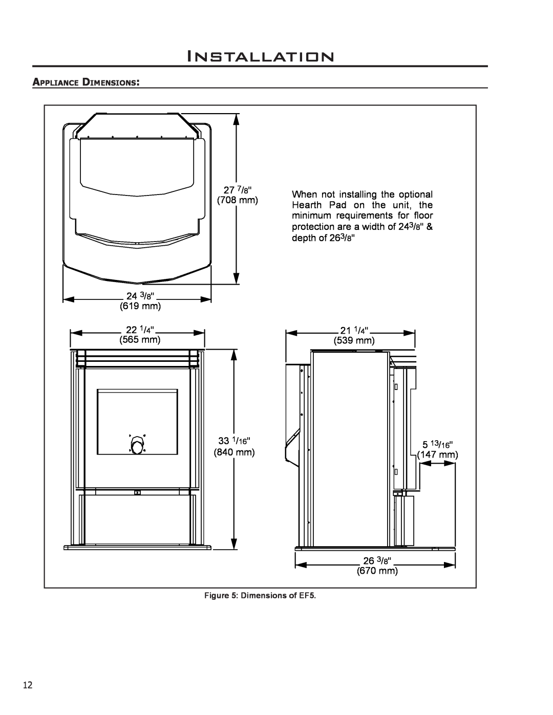 Enviro C-11023 owner manual Installation, Dimensions of EF5, Appliance Dimensions 