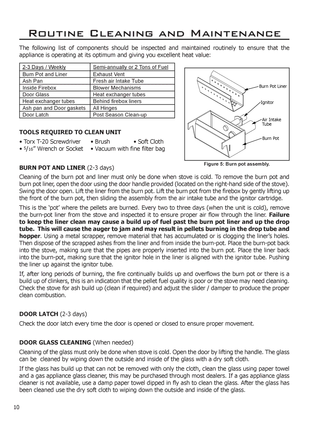 Enviro C-11112, 50-1266 Routine Cleaning and Maintenance, Tools Required to Clean Unit, Burn POT and Liner 2-3 days 