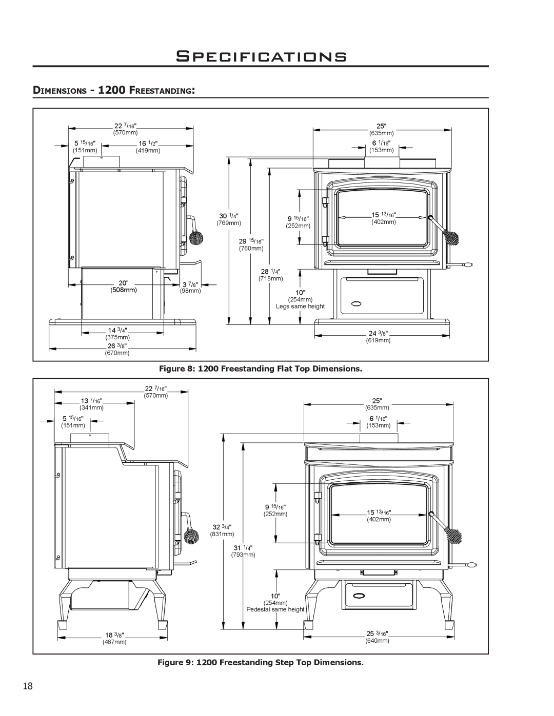 Enviro 1700 Fireplace Freestanding, C-11116, 1700 Insert, 1200 Insert owner manual Freestanding Flat Top Dimensions 