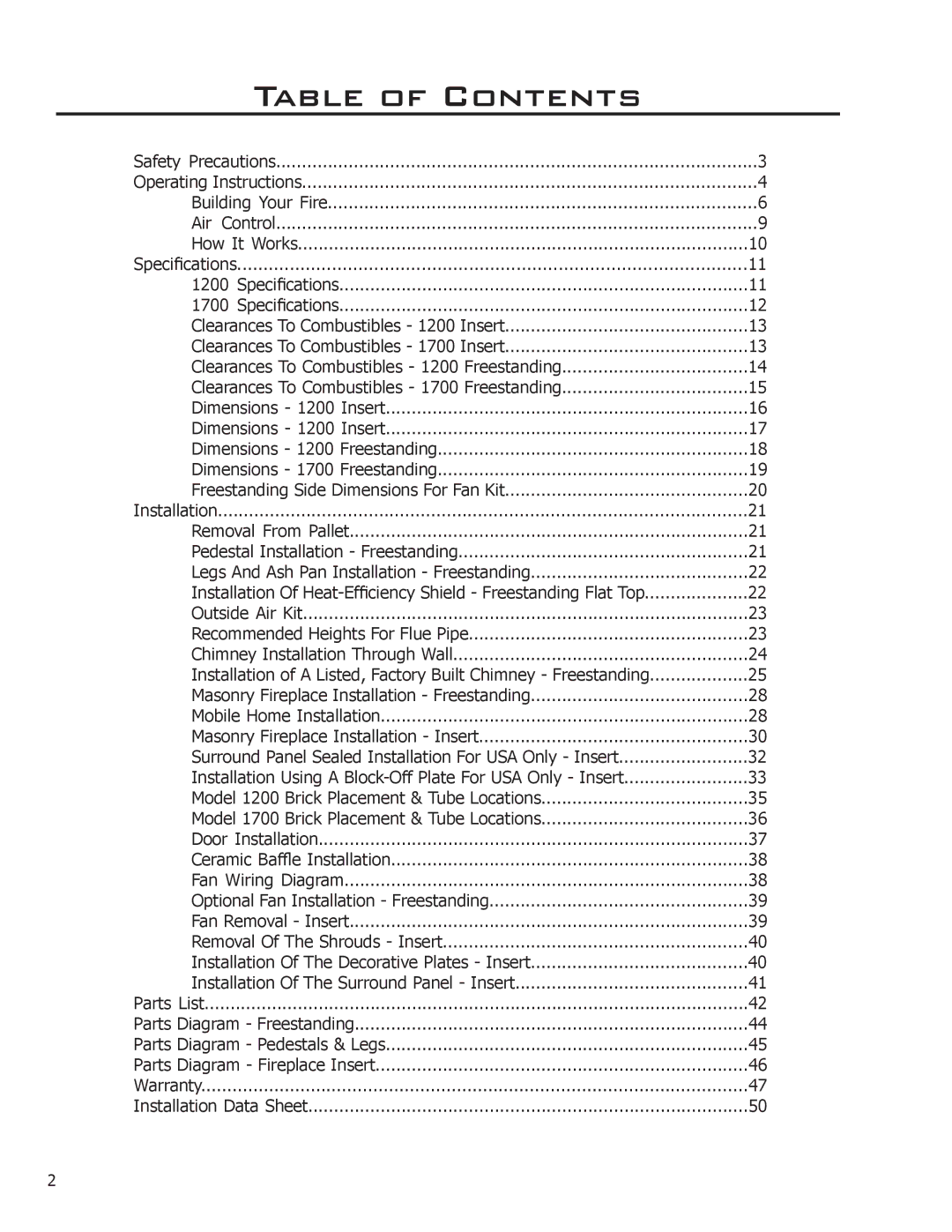 Enviro 1200 Insert, C-11116, 1700 Insert, 1700 Fireplace Freestanding, 1200 Fireplace Freestanding Table of Contents 