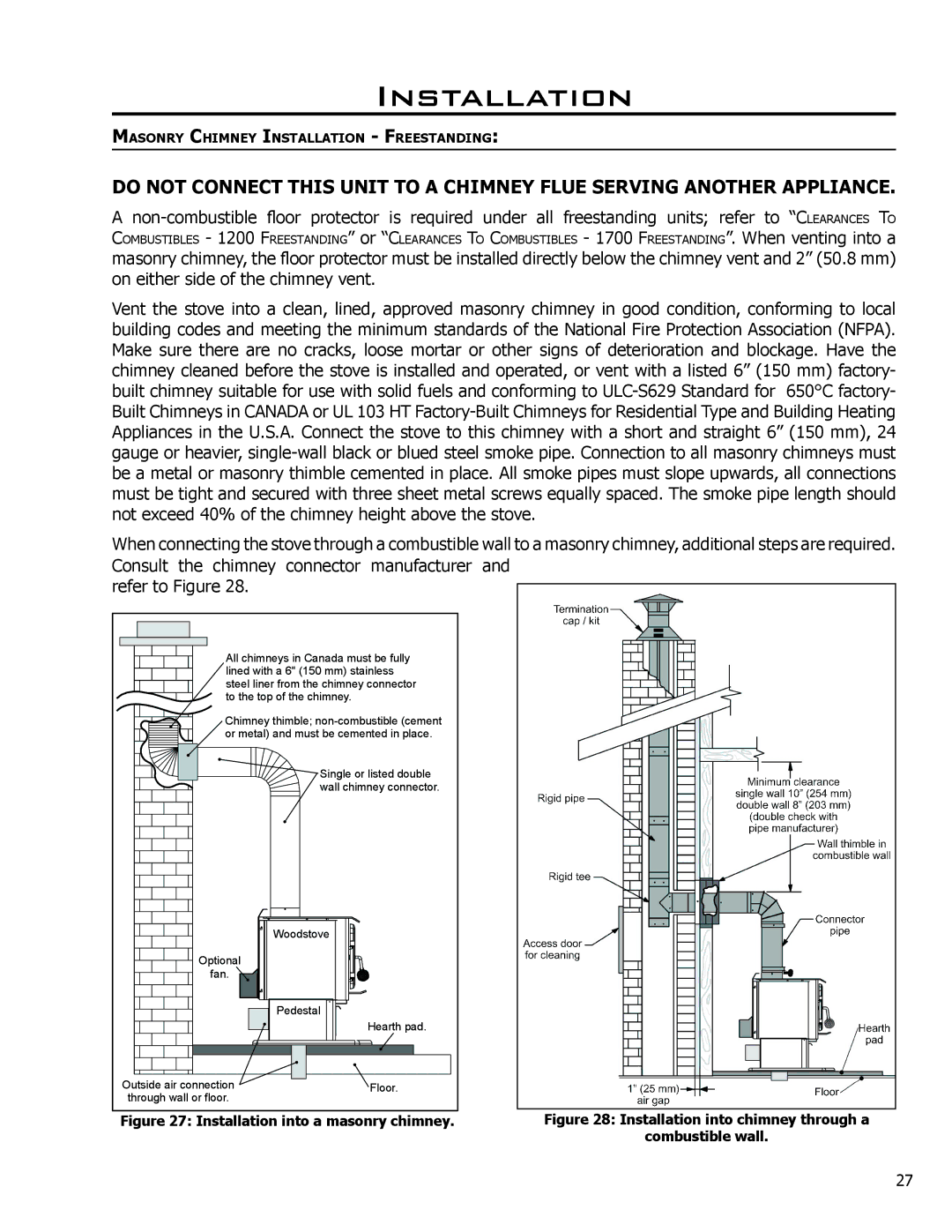 Enviro 1200 Insert, C-11116, 1700 Insert, 1700 Fireplace Freestanding owner manual Installation into a masonry chimney 