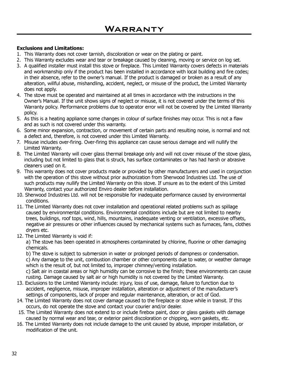 Enviro C-11150 technical manual Exclusions and Limitations 