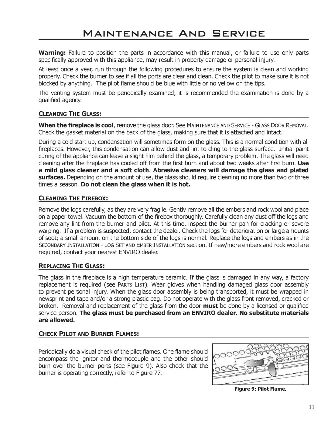 Enviro 50-1472, C-11253, C-11102 owner manual Maintenance And Service, Pilot Flame 