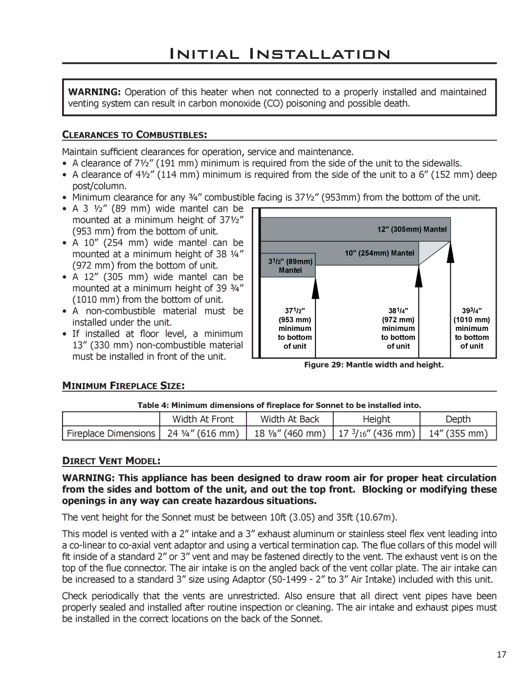 Enviro 50-1472, C-11253, C-11102 owner manual Initial Installation, Mantle width and height 