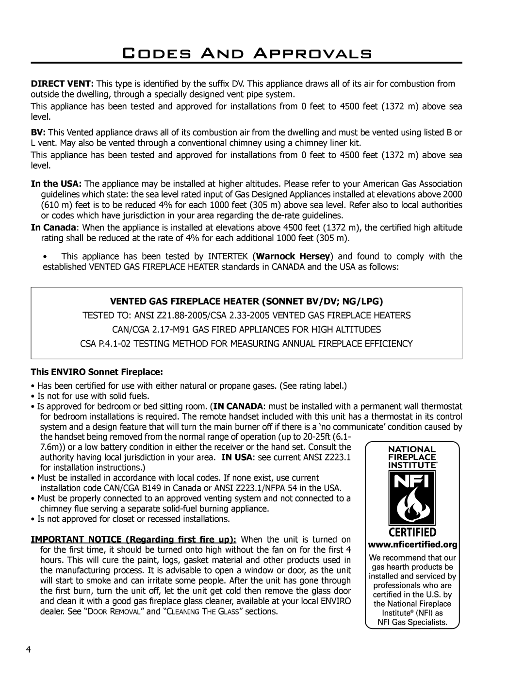 Enviro C-11102, C-11253, 50-1472 owner manual Codes And Approvals, Vented GAS Fireplace Heater Sonnet BV/DV NG/LPG 