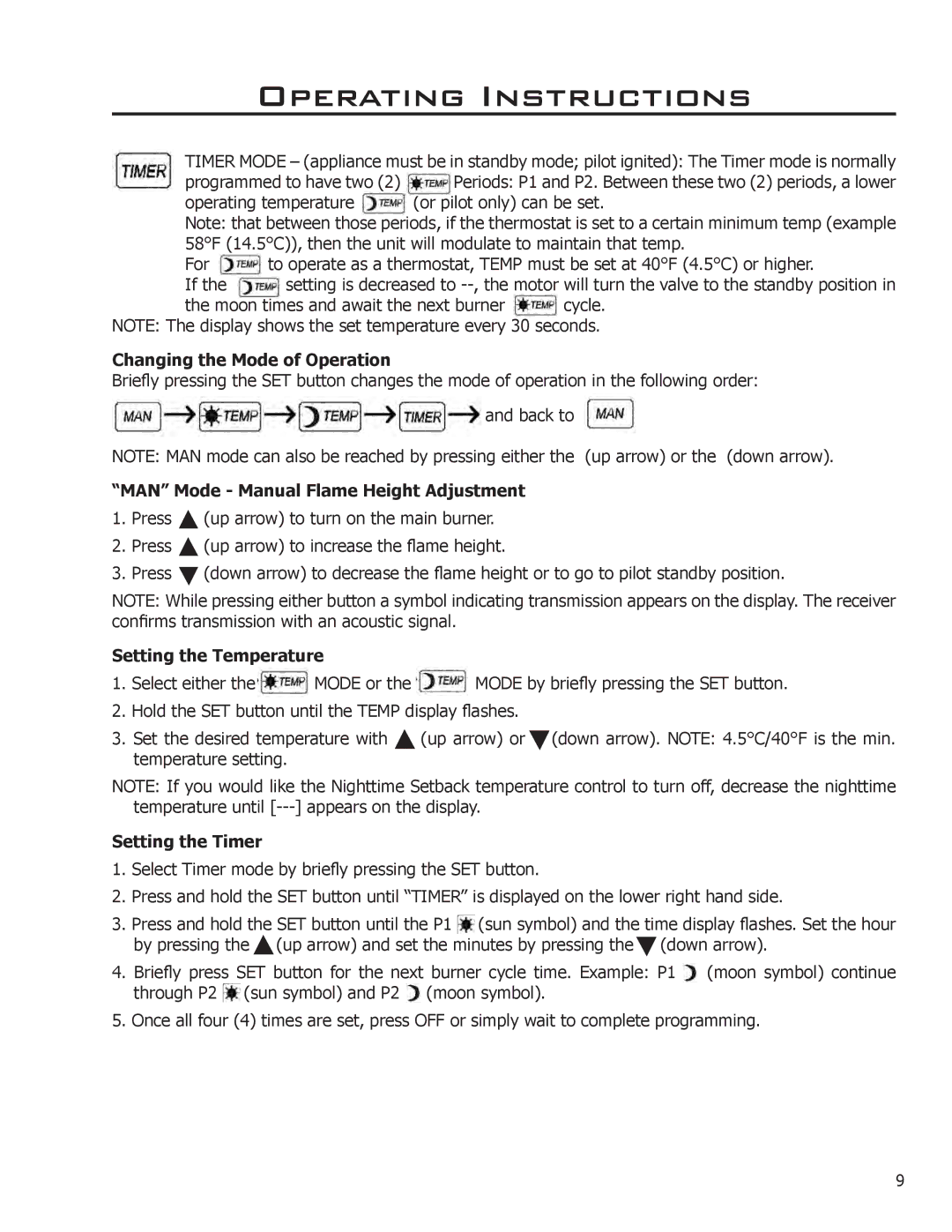 Enviro C-11253, C-11102 Changing the Mode of Operation, MAN Mode Manual Flame Height Adjustment, Setting the Temperature 