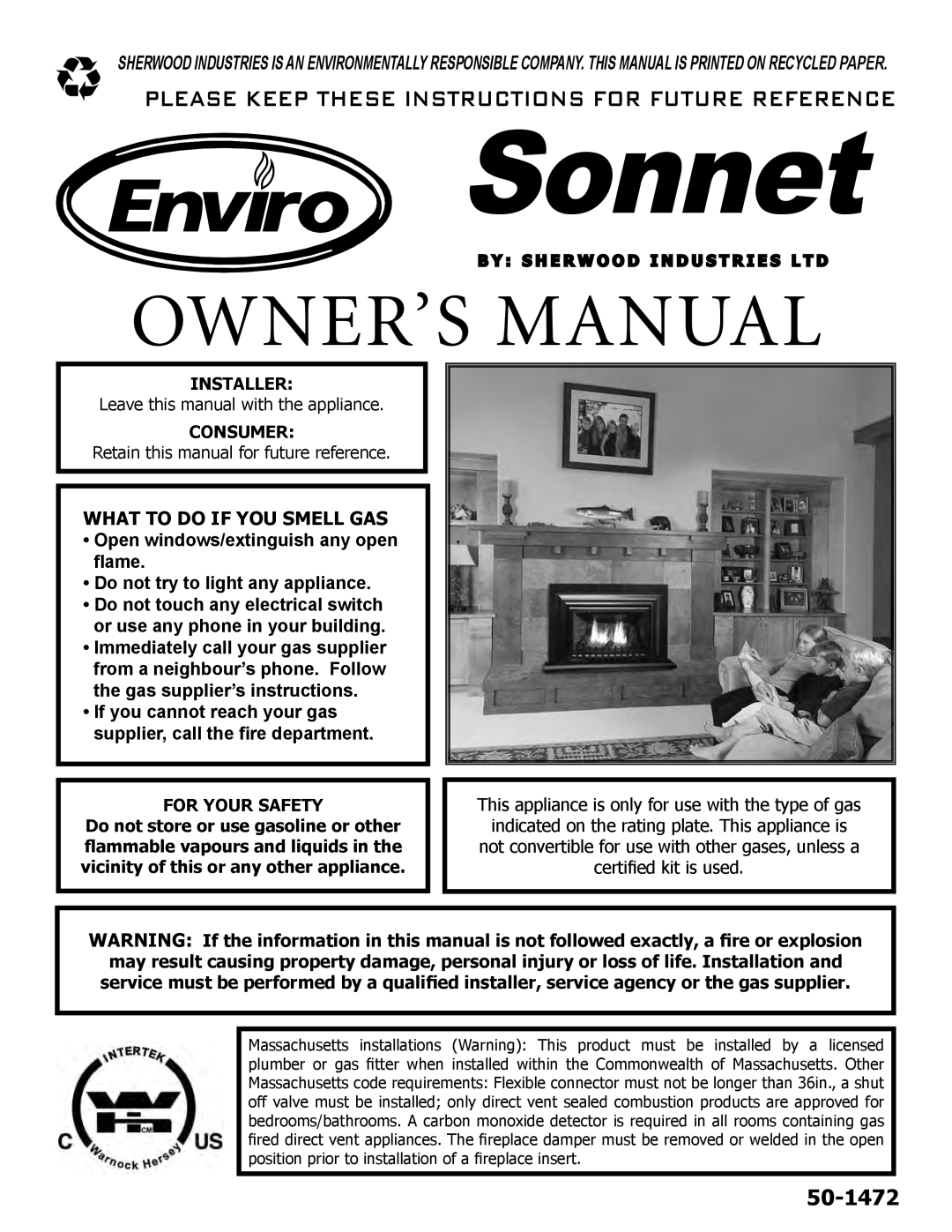 Enviro C-11102, C-11253 owner manual What To Do If You Smell Gas, Installer, Consumer, For Your Safety, Sonnet, 50-1472 