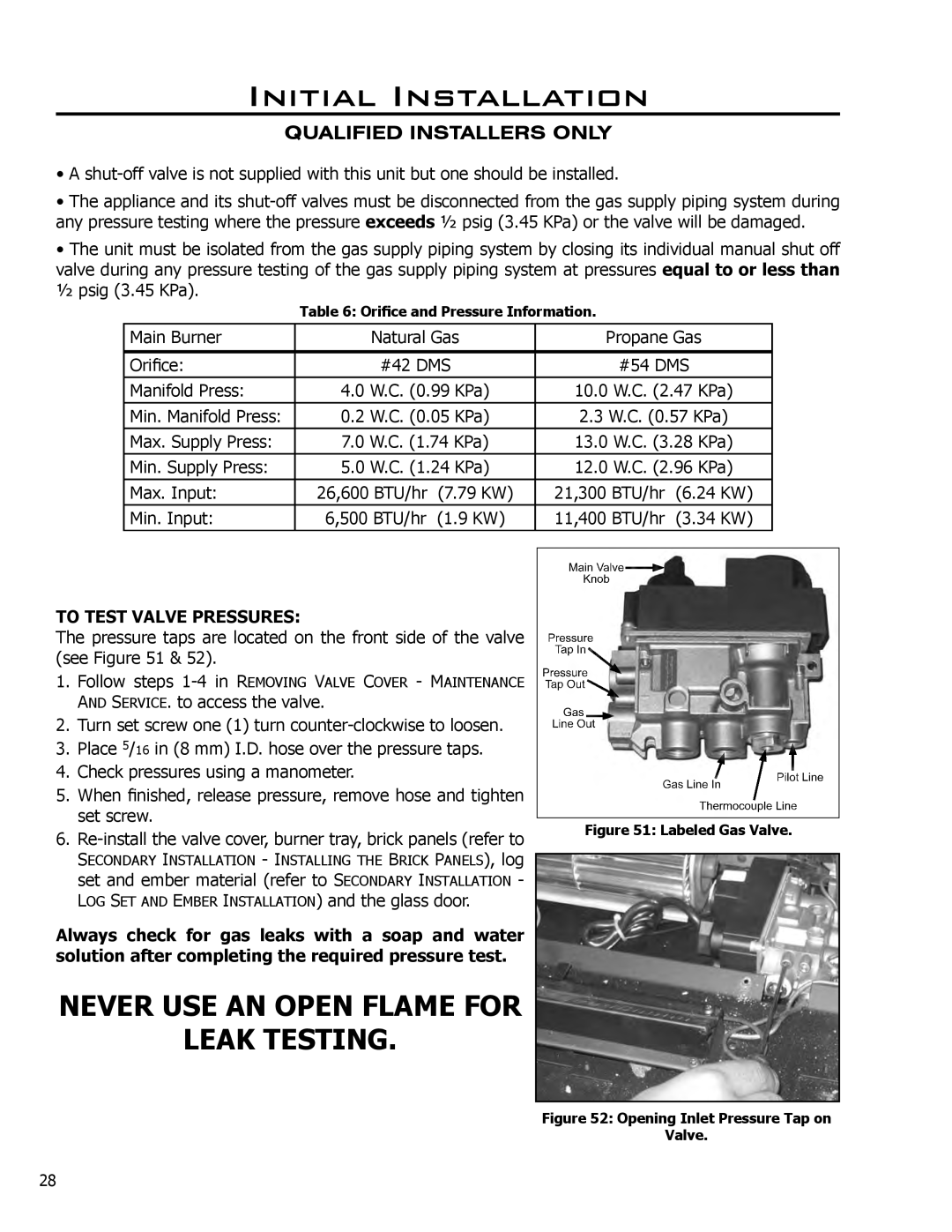 Enviro C-11102, C-11253, 50-1472 To Test Valve Pressures, Initial Installation, Never Use An Open Flame For Leak Testing 