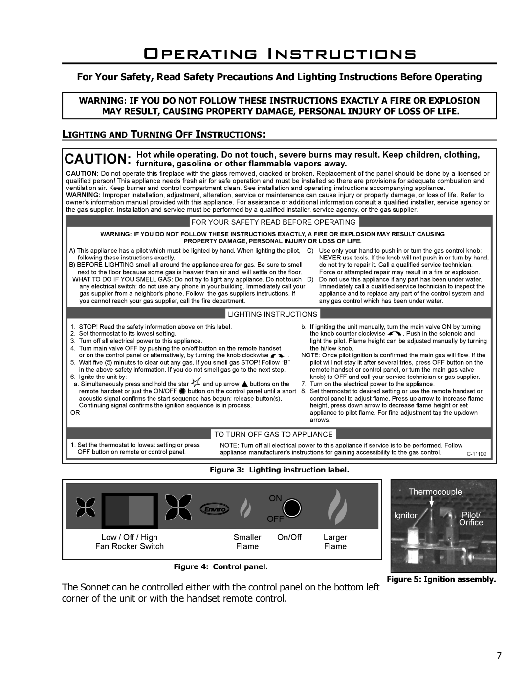 Enviro C-11102 Operating Instructions, Lighting And Turning Off Instructions, On/Off, Larger, Flame, Control panel 