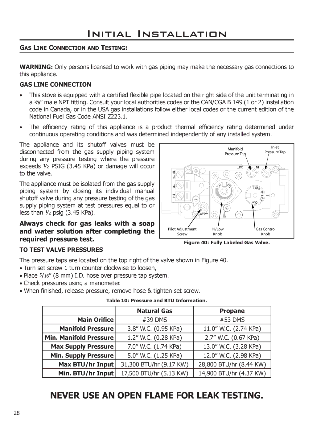 Enviro C-11275 Natural Gas Propane Main Orifice, Min. Manifold Pressure, Max Supply Pressure, Min. Supply Pressure 