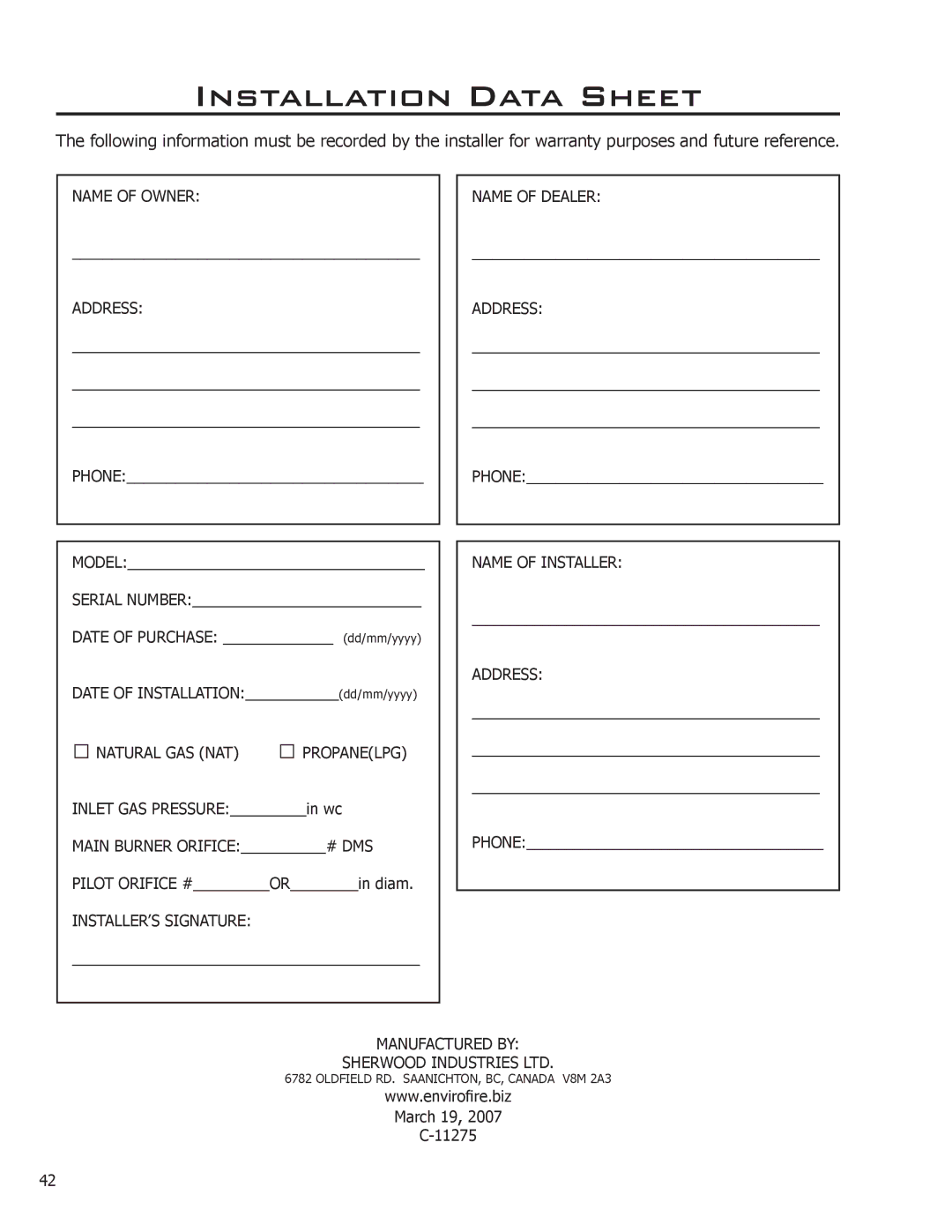 Enviro C-11275 owner manual Installation Data Sheet 