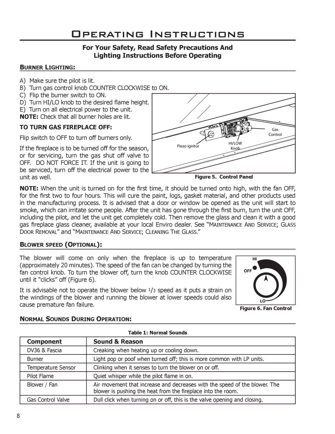 Enviro C-11275 owner manual To Turn GAS Fireplace OFF, Component Sound & Reason 