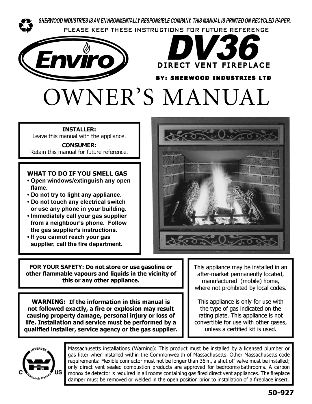 Enviro C-11275 owner manual What To Do If You Smell Gas, Installer, Consumer, 50-927, D Ir Ec T V En T Fir Ep La C E 