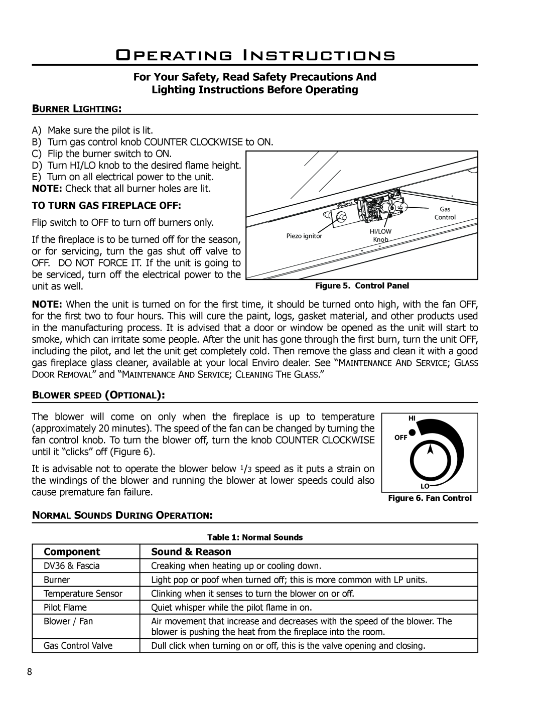 Enviro C-11275 owner manual To Turn Gas Fireplace Off, Component, Sound & Reason, Operating Instructions 
