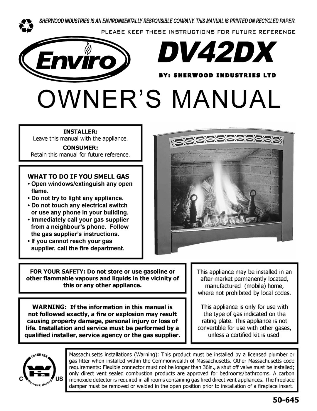 Enviro C-10078, C-11278, 50-645 owner manual Installer, Consumer, S H E R W O O D I N D U S T R I E S L T D 