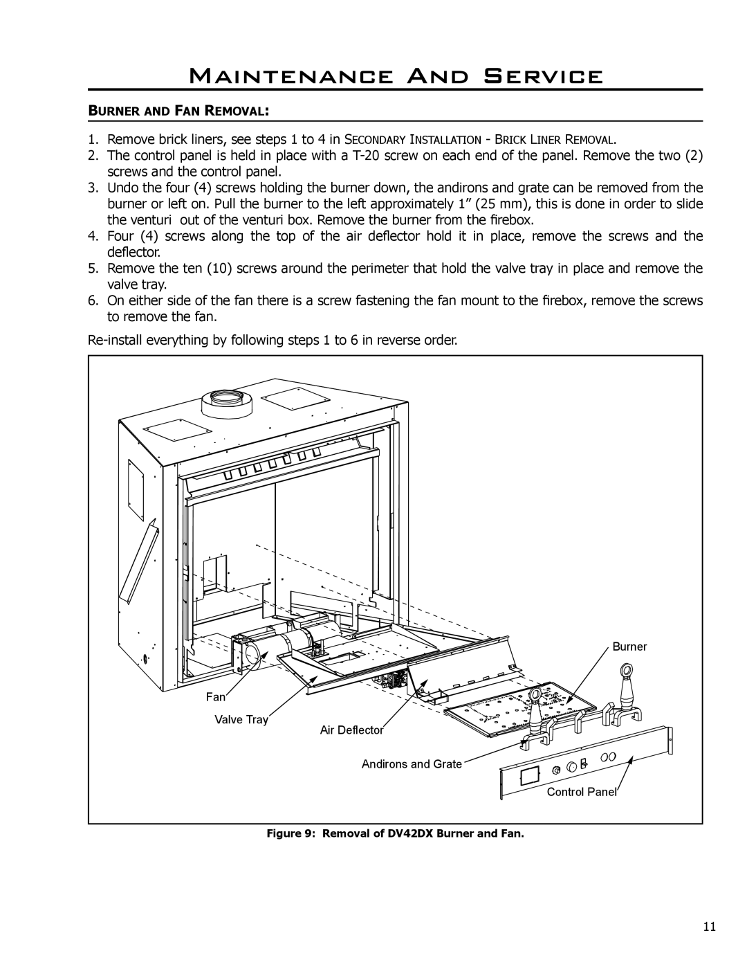 Enviro 50-645, C-11278, C-10078 owner manual Burner and Fan Removal, Removal of DV42DX Burner and Fan 