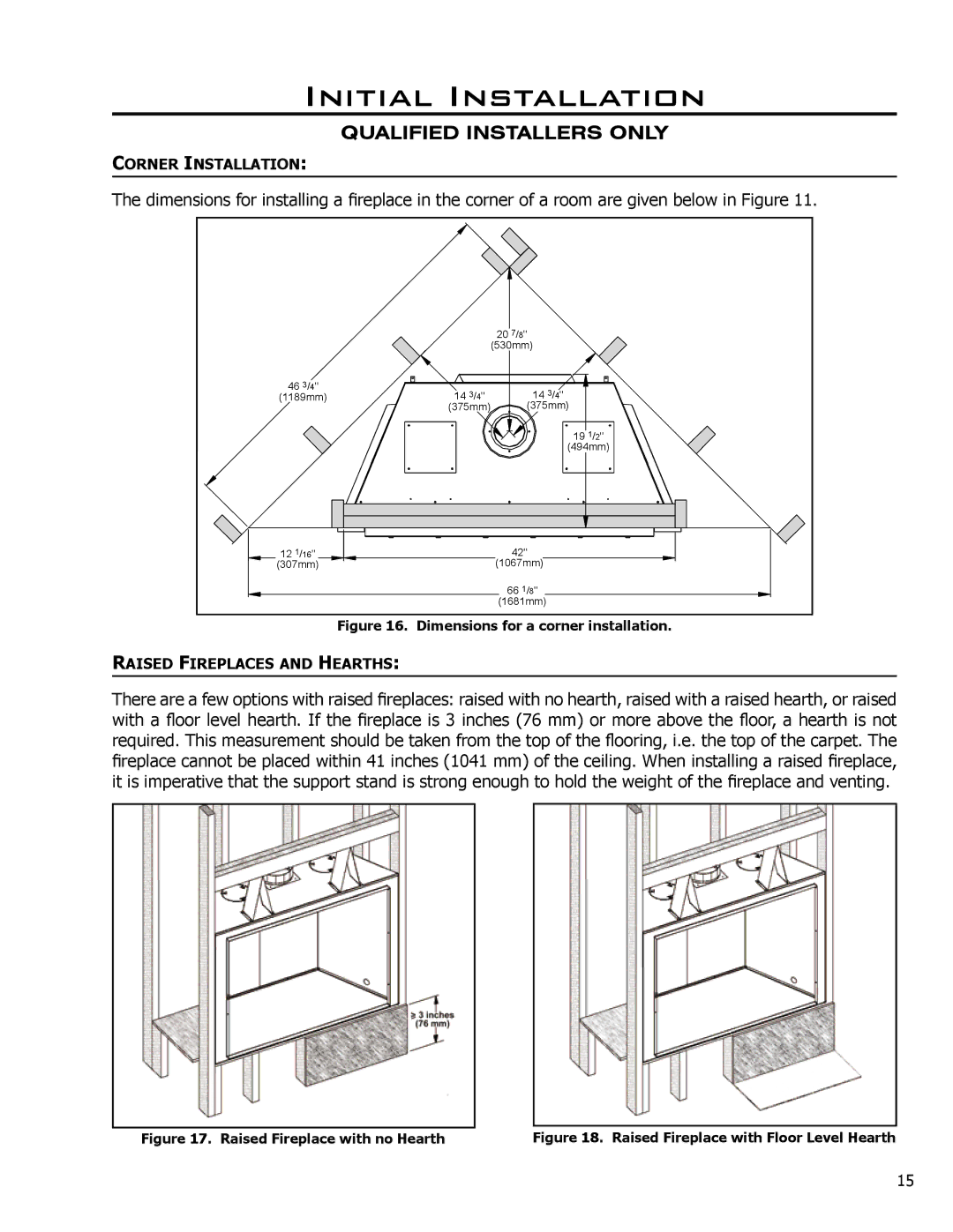 Enviro C-11278, C-10078, 50-645 owner manual Corner Installation, Raised Fireplaces and Hearths 