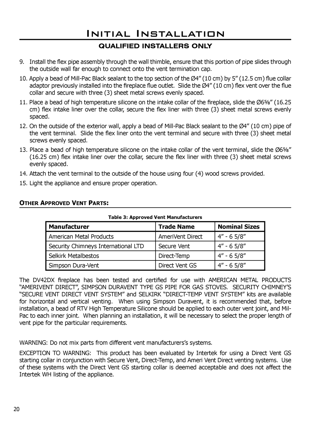 Enviro 50-645, C-11278, C-10078 owner manual Manufacturer Trade Name Nominal Sizes, Other Approved Vent Parts 