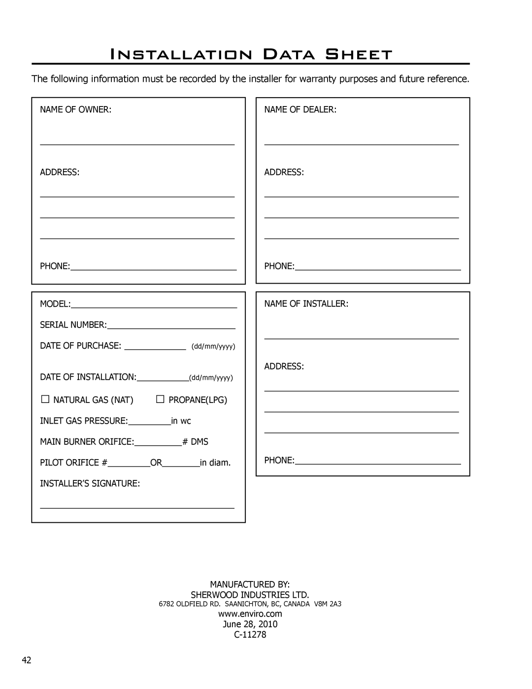 Enviro C-11278, C-10078, 50-645 owner manual Installation Data Sheet 