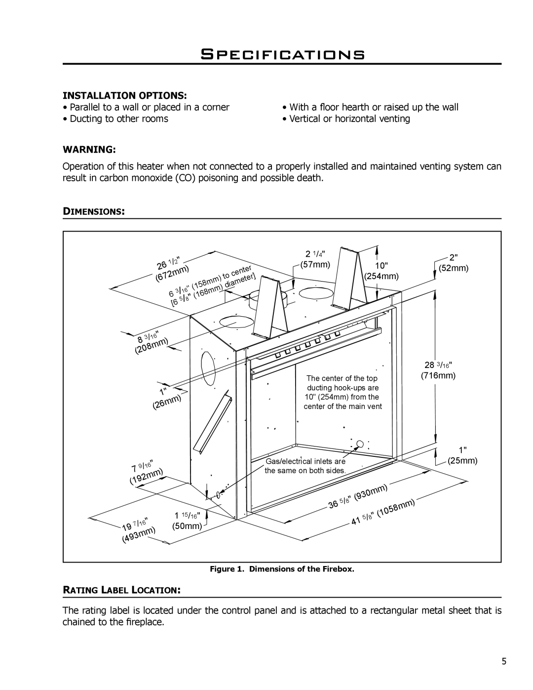 Enviro 50-645, C-11278, C-10078 owner manual Specifications, Installation Options, Dimensions, Rating Label Location 