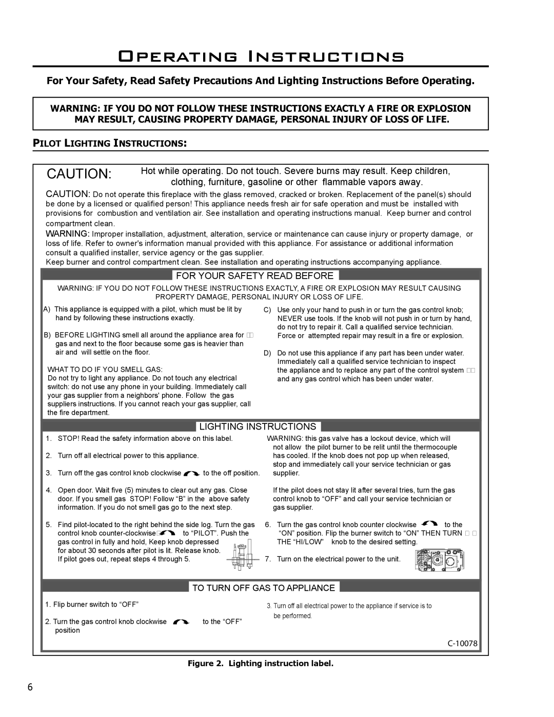 Enviro C-11278, C-10078, 50-645 owner manual Operating Instructions, Pilot Lighting Instructions 