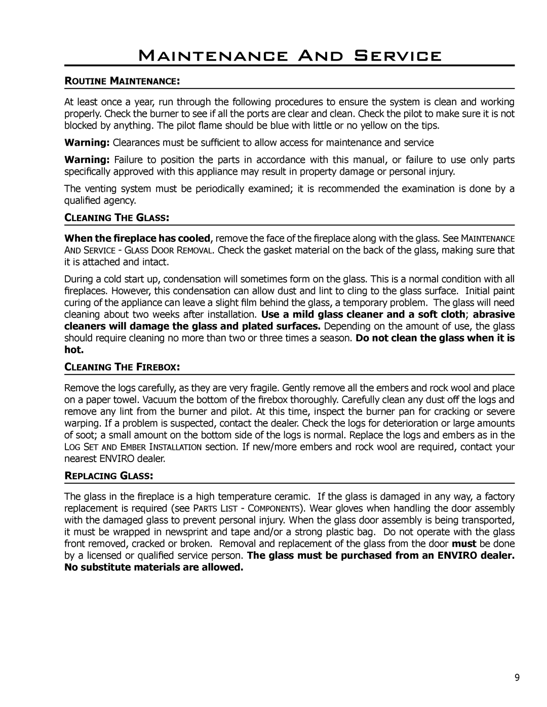 Enviro C-11278, C-10078, 50-645 owner manual Maintenance And Service, No substitute materials are allowed 