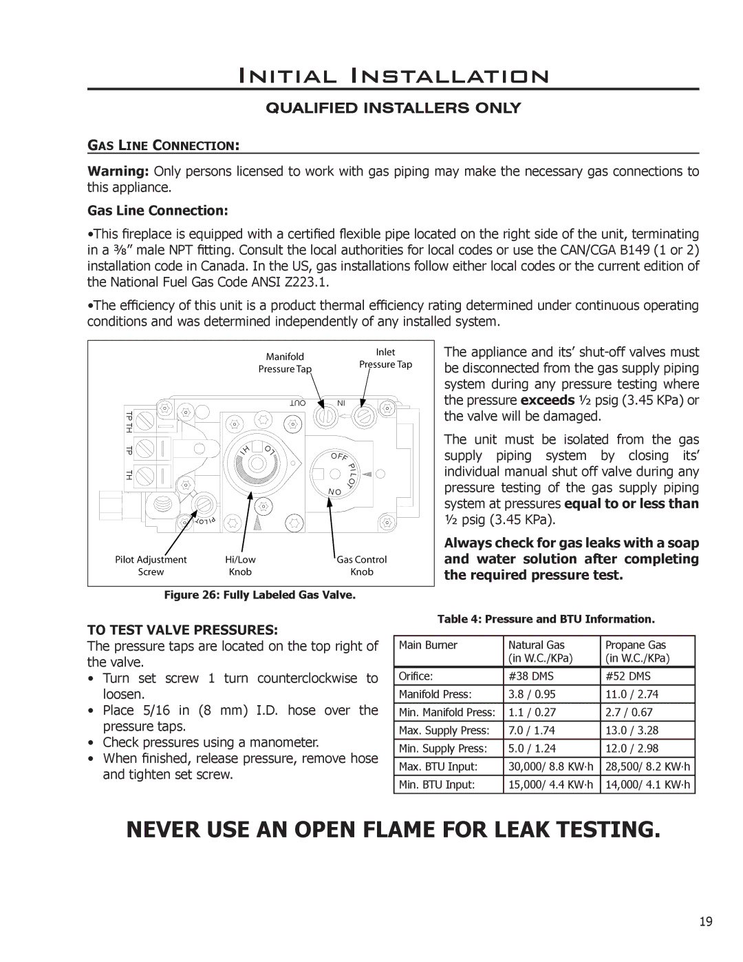 Enviro C-11288 owner manual Gas Line Connection, To Test Valve Pressures 