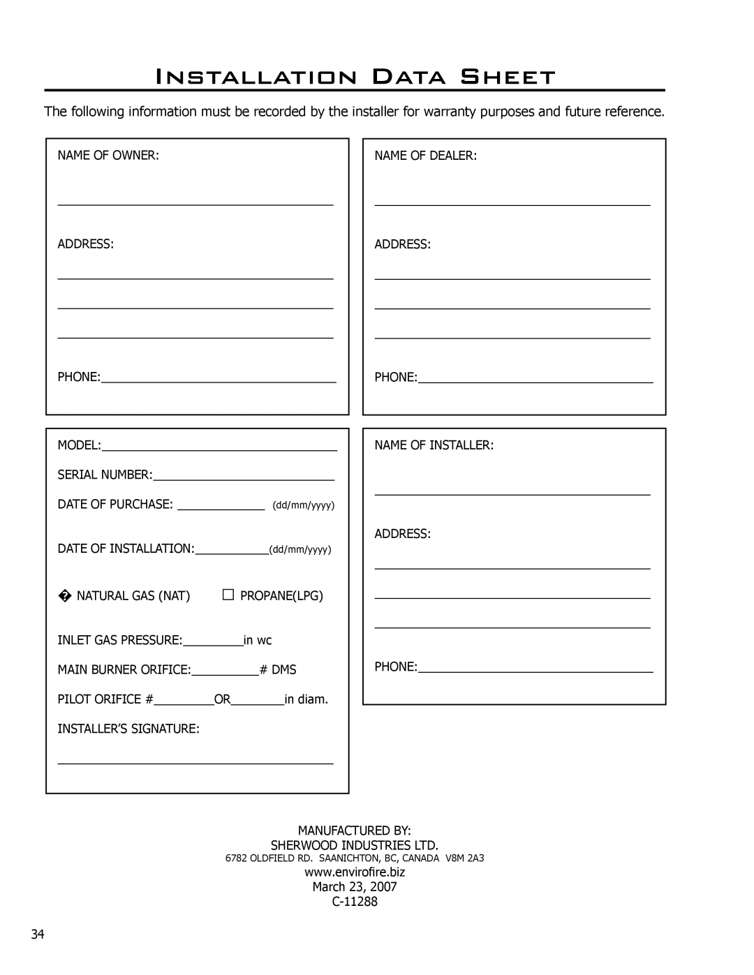 Enviro C-11288 owner manual Installation Data Sheet 