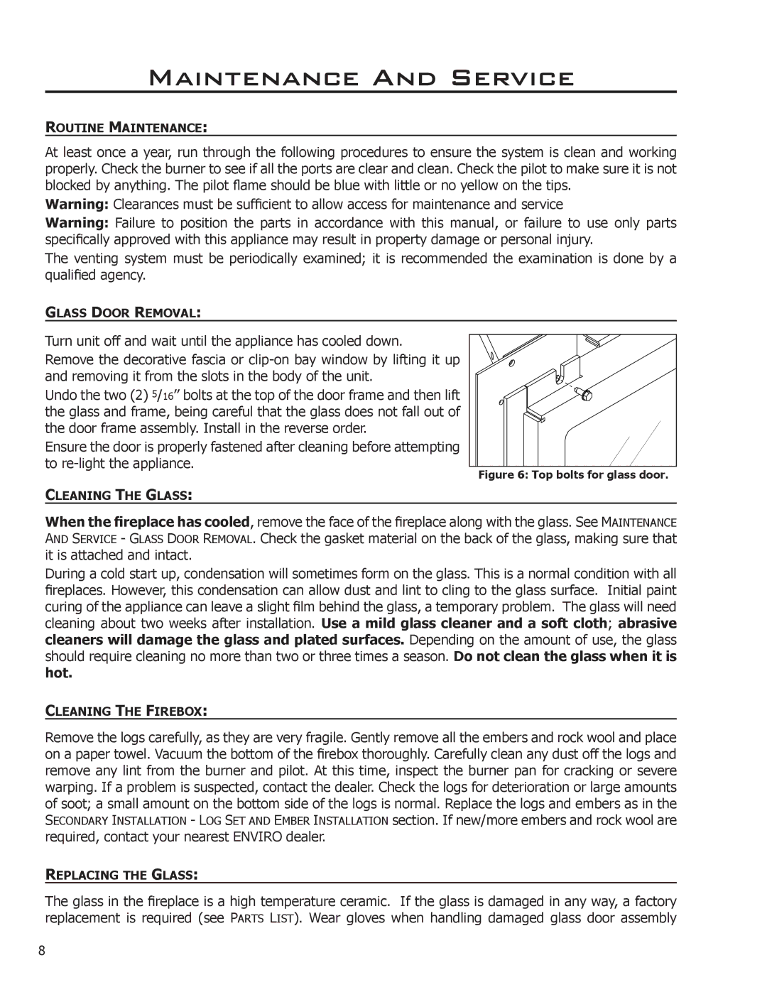 Enviro C-11288 owner manual Maintenance And Service, Top bolts for glass door 