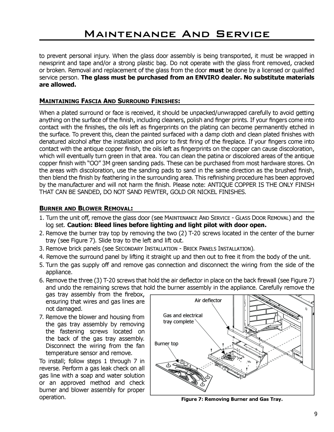 Enviro C-11288 owner manual Maintenance And Service, gas tray assembly from the firebox 