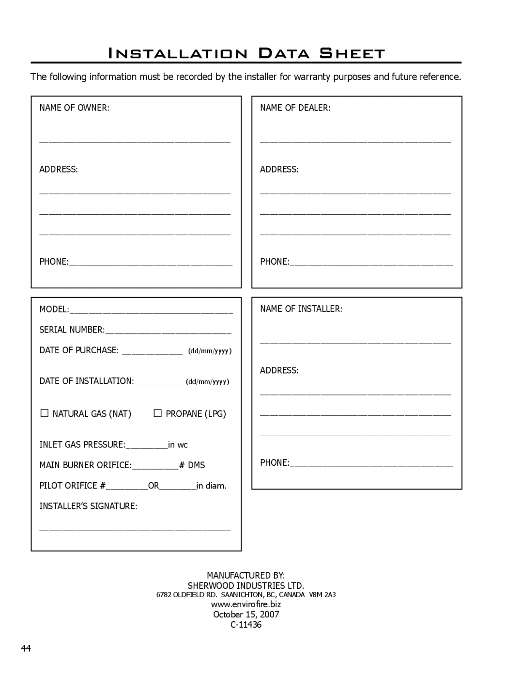 Enviro Cara owner manual Installation Data Sheet 