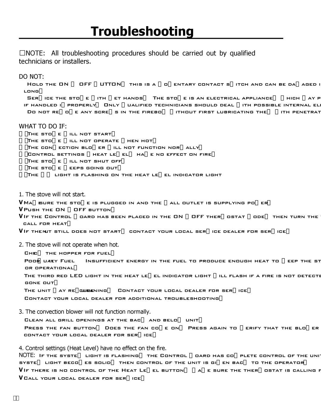 Enviro CE2005 owner manual Troubleshooting, Stove will not start, Stove will not operate when hot 