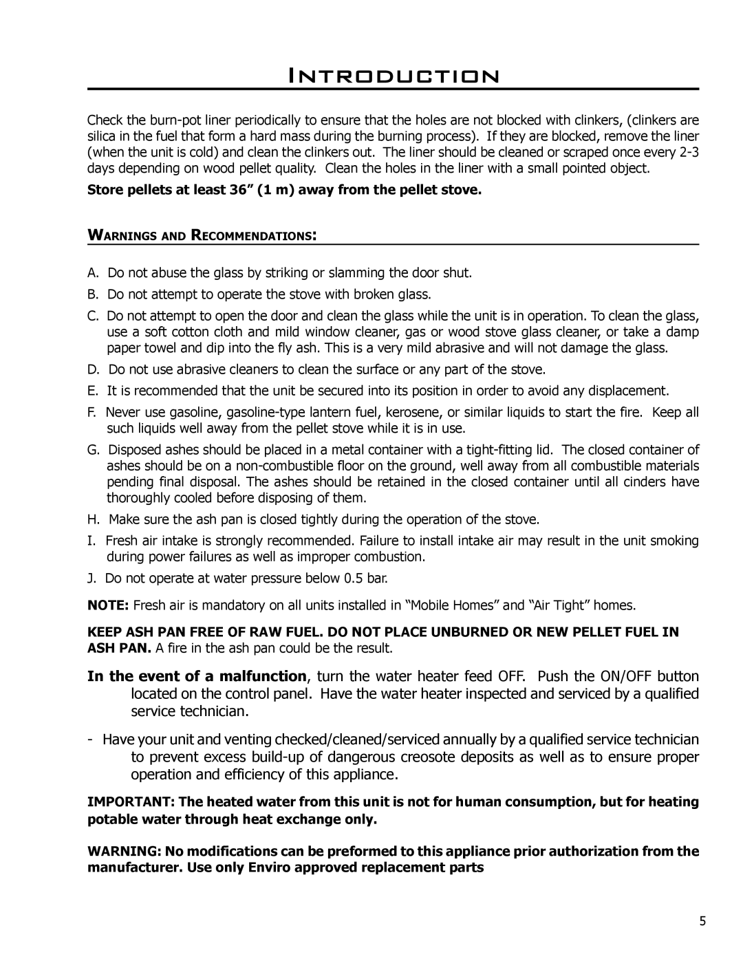 Enviro CE2005 owner manual Store pellets at least 36 1 m away from the pellet stove 