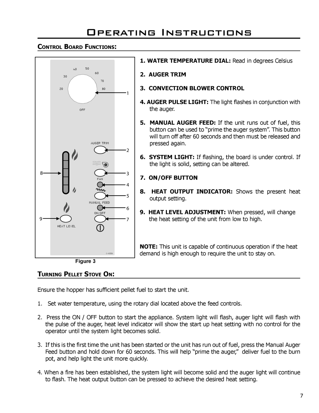 Enviro CE2005 owner manual Operating Instructions, Auger Trim, Convection Blower Control, ON/OFF Button 