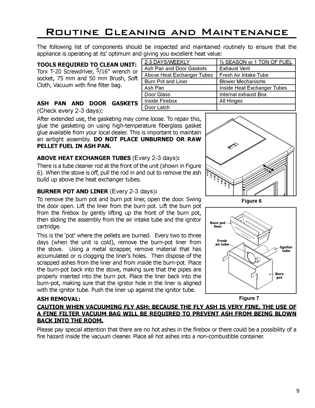 Enviro CE2005 owner manual Routine Cleaning and Maintenance, ASH PAN and Door Gaskets, Pellet Fuel in ASH PAN, ASH Removal 