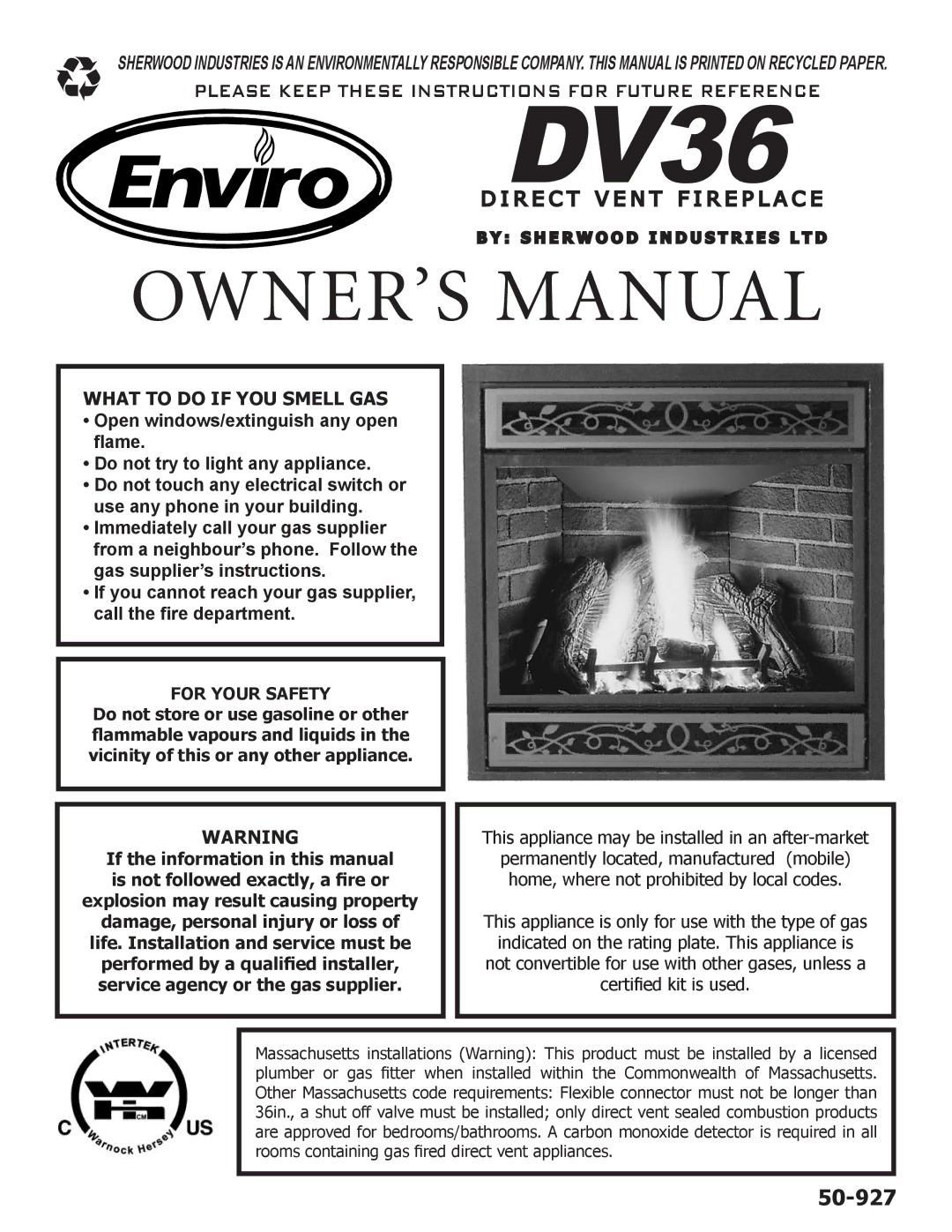 Enviro DV36 owner manual R E C T V E N T F I R E P L a C E, For Your Safety 