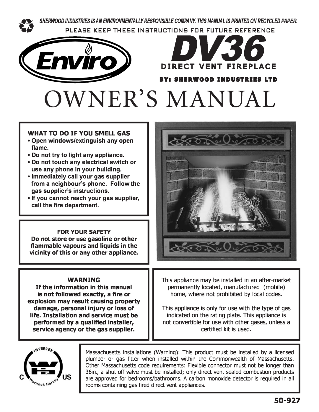 Enviro DV36 owner manual What To Do If You Smell Gas, For Your Safety, 50-927, D Ir Ec T V En T Fir Ep La C E 