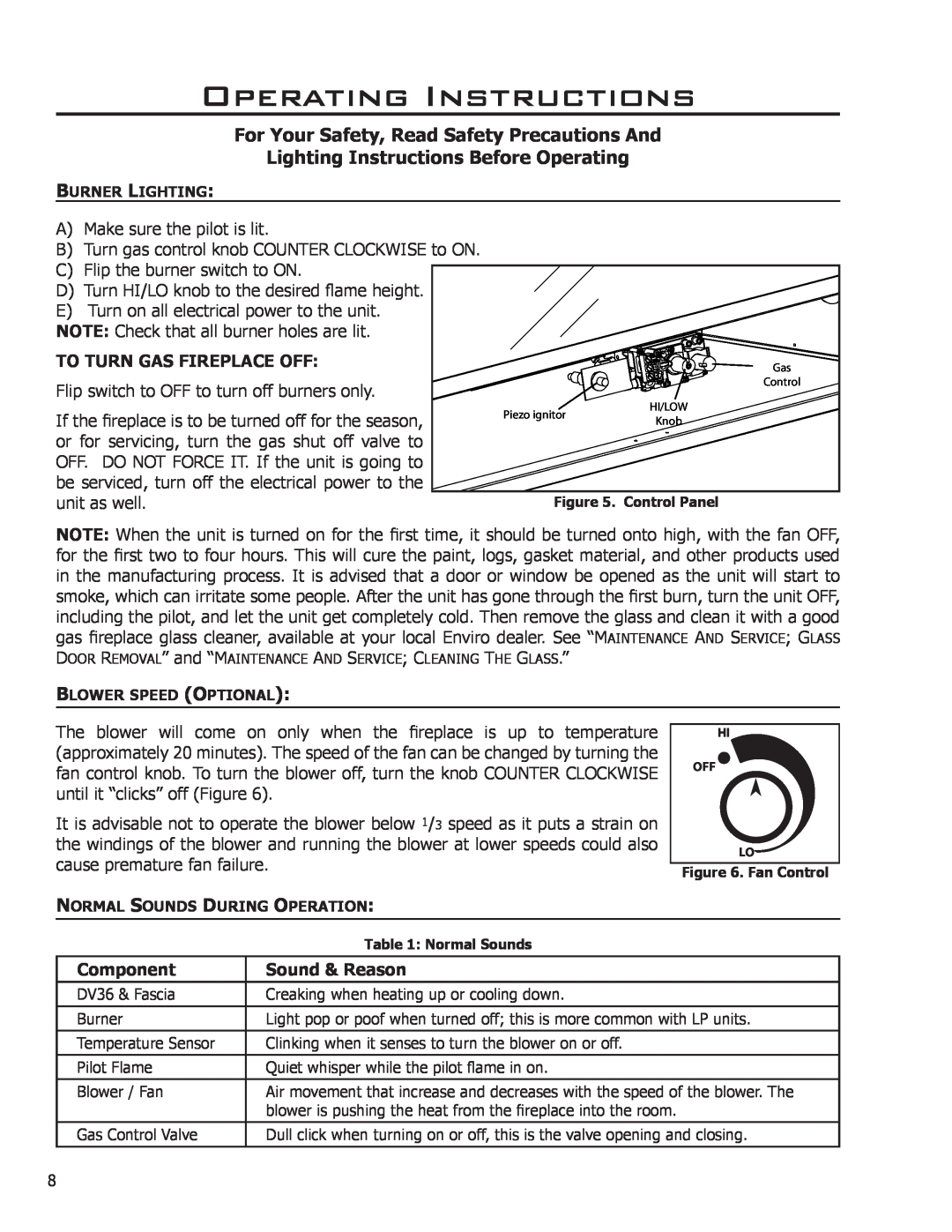 Enviro DV36 owner manual To Turn Gas Fireplace Off, Component, Sound & Reason, Operating Instructions 