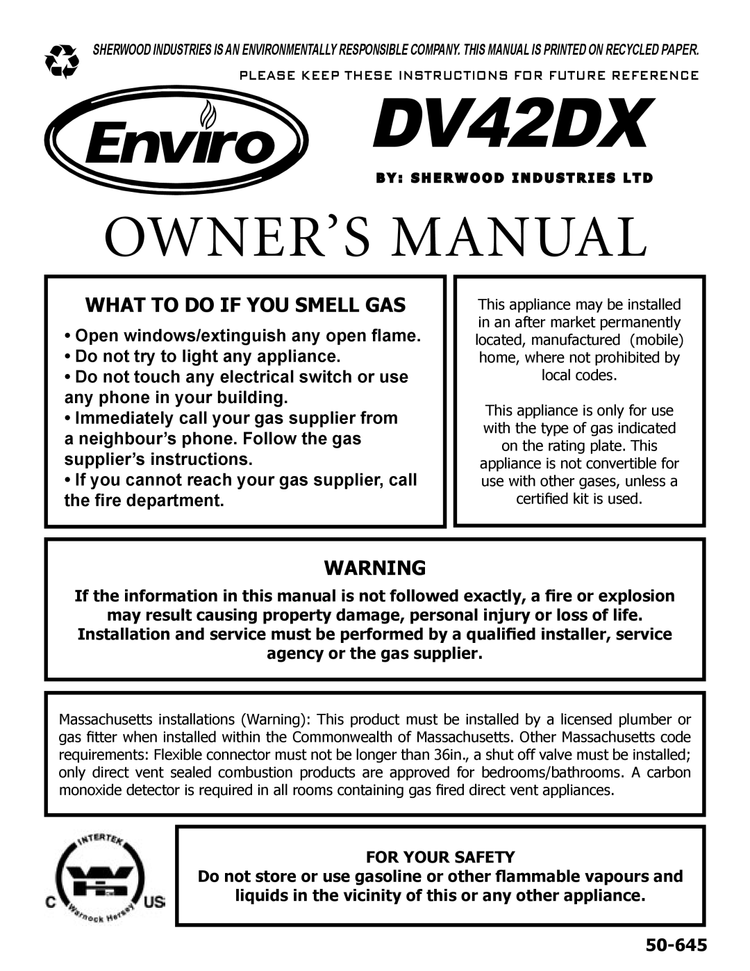 Enviro DV42DX owner manual S H E R W O O D I N D U S T R I E S L T D 