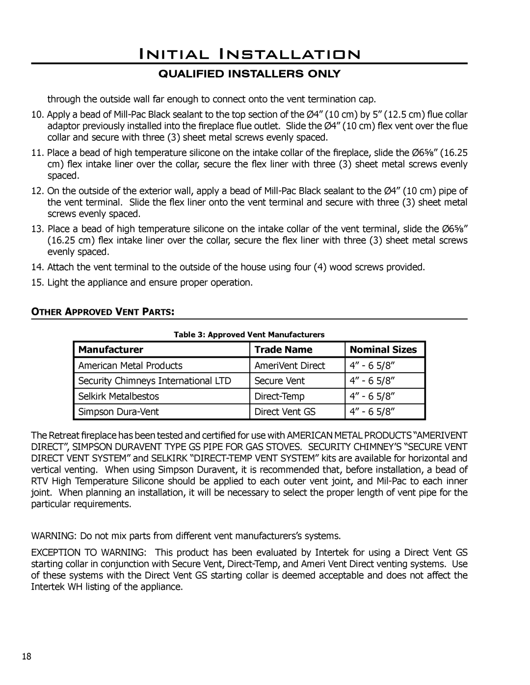 Enviro DV42DX owner manual Manufacturer Trade Name Nominal Sizes 