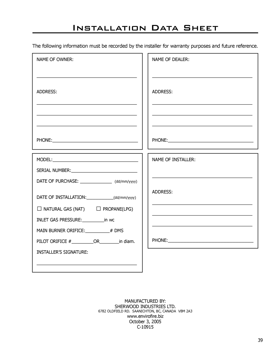 Enviro DV42DX owner manual Installation Data Sheet 