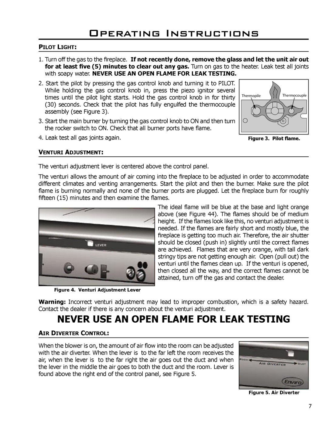 Enviro DV42DX owner manual Never USE AN Open Flame for Leak Testing 