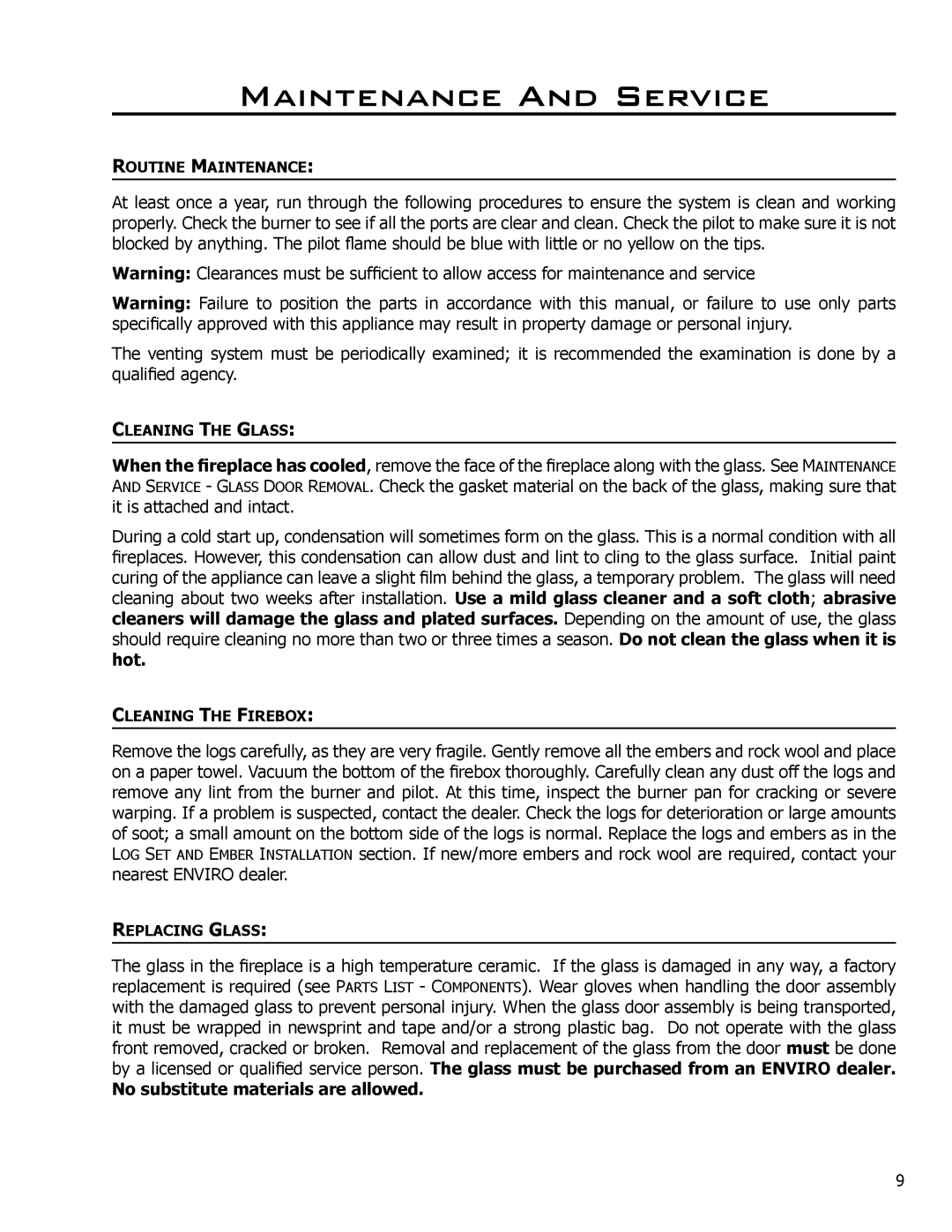 Enviro DV42DX owner manual Maintenance And Service, No substitute materials are allowed 