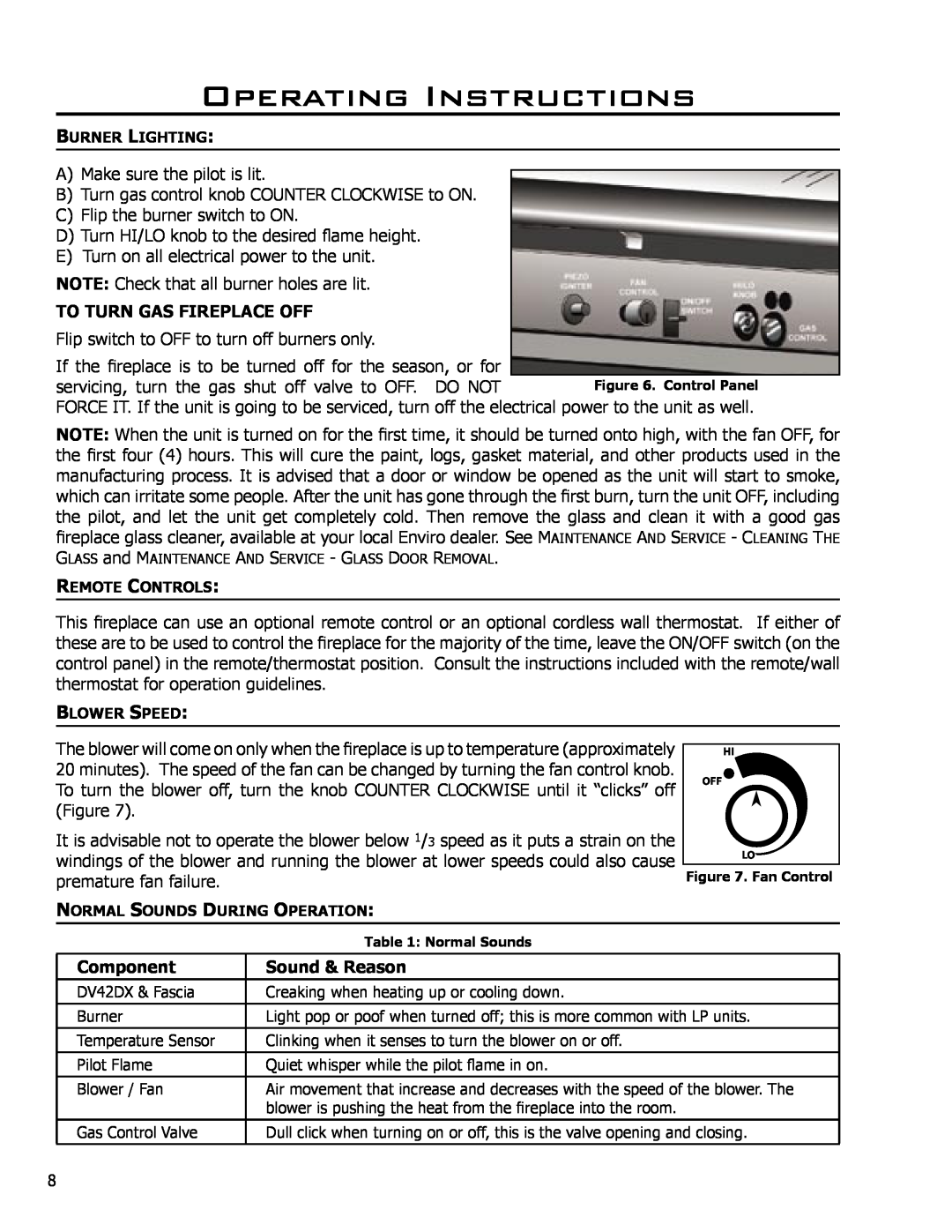Enviro DV42DX owner manual Operating Instructions, To Turn Gas Fireplace Off, Component, Sound & Reason 