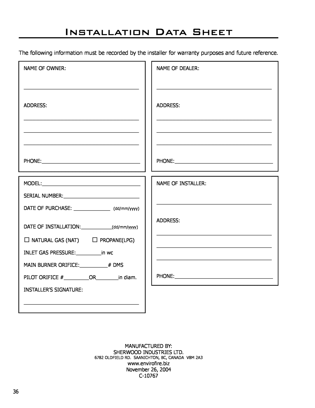 Enviro DV50DX owner manual Installation Data Sheet 